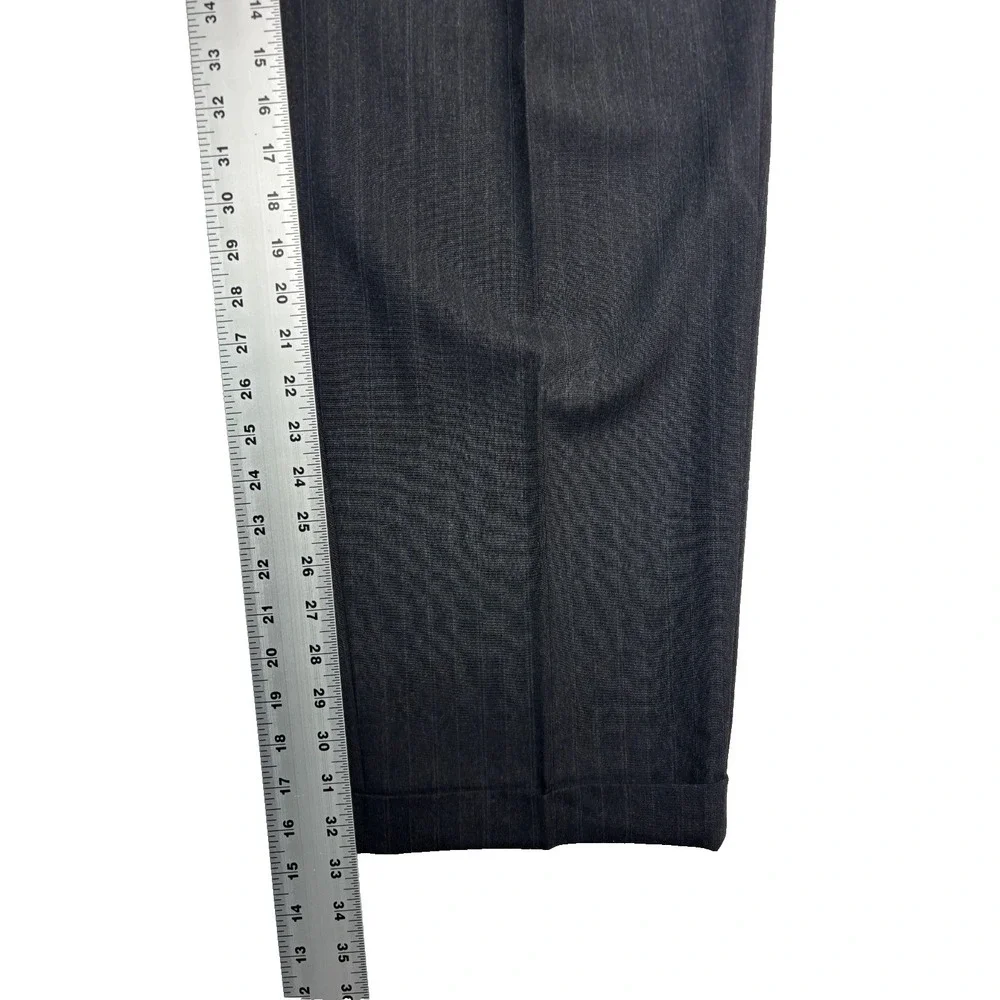 vtg 90s Double Breasted 42L 36x33 Gray Stripe 2pc Pant Suit Wool Profilo Pleated